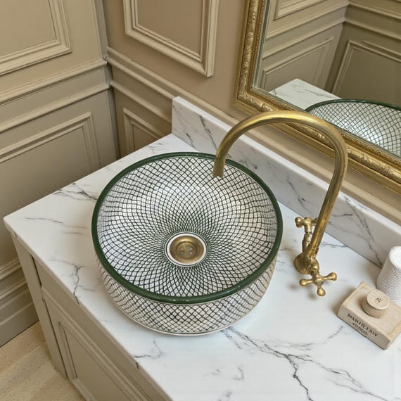 Green Ceramic Countertop Sink Bowl – Handmade Moroccan Round Basin with Contemporary Geometric Design