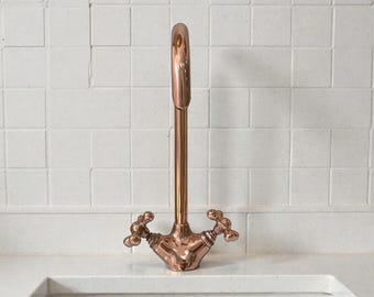 Handcrafted Raw Brass Bathroom Faucet, Retro Mixer Tap, Vanity Sink