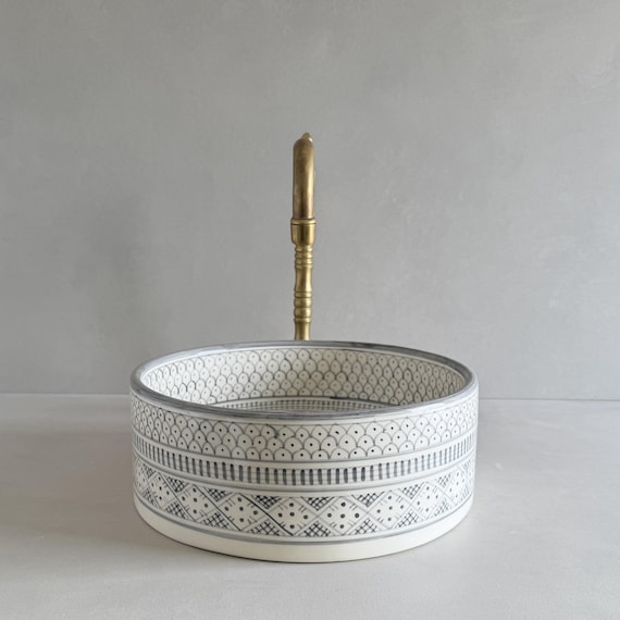 Hand-Painted Moroccan Ceramic Vessel Sink – Grey & White Scallop Basin, Boho Bathroom Vanity Washbasin