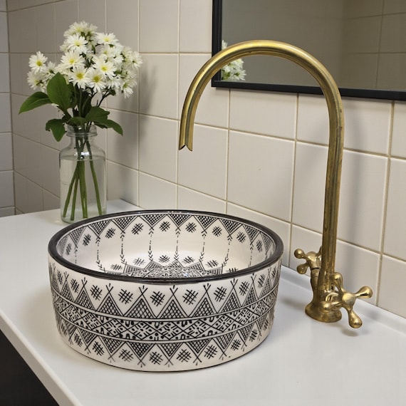 Washbasin Ceramic Sink, Black & White Moroccan Vessel Basin, Handmade Bathroom Sink + gift