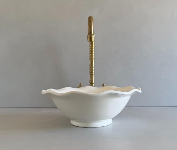Handmade White Ceramic Vessel Sink, Moroccan Flower Shaped Bathroom Basin
