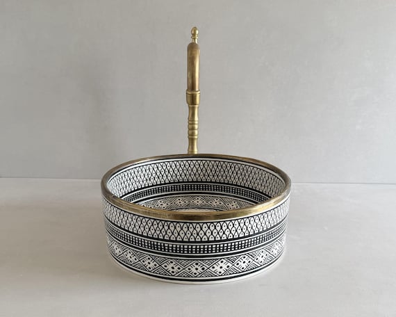 Hand-Painted Moroccan Ceramic Vessel Sink, Black White Geometric Basin, Gold Rim Countertop Sink