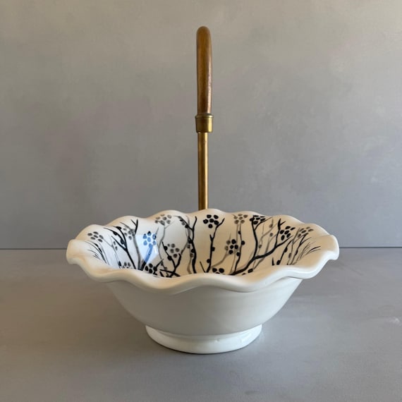 Black and White Moroccan Ceramic Sink, Hand Painted Botanical Vessel Basin, Handmade Countertop Washbasin