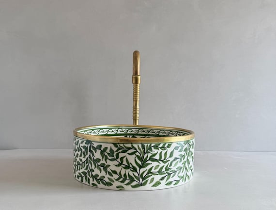 Hand-Painted Moroccan Ceramic Vessel Sink, Green Botanical Leaf Bathroom Basin, Handmade Boho Decor