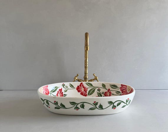 Hand-Painted Moroccan Ceramic Vessel Sink, Oval Red Floral Bathroom Basin