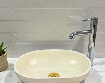 White Oval Bathroom Sink – Handcrafted Farmhouse Wash Basin, Vessel Sink Waschbecken + gift