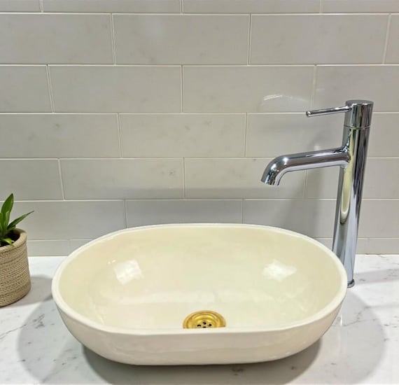 White Oval Bathroom Sink – Handcrafted Farmhouse Wash Basin, Vessel Sink Waschbecken + gift
