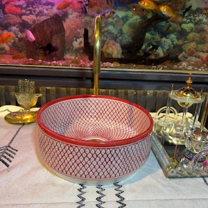 Moroccan Ceramic Vessel Sink: red Artisan Bathroom Basin with Brass Drain.