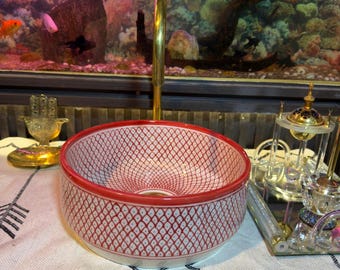 Moroccan Ceramic Vessel Sink: red Artisan Bathroom Basin with Brass Drain.