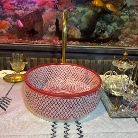 Moroccan Ceramic Vessel Sink: red Artisan Bathroom Basin with Brass Drain.