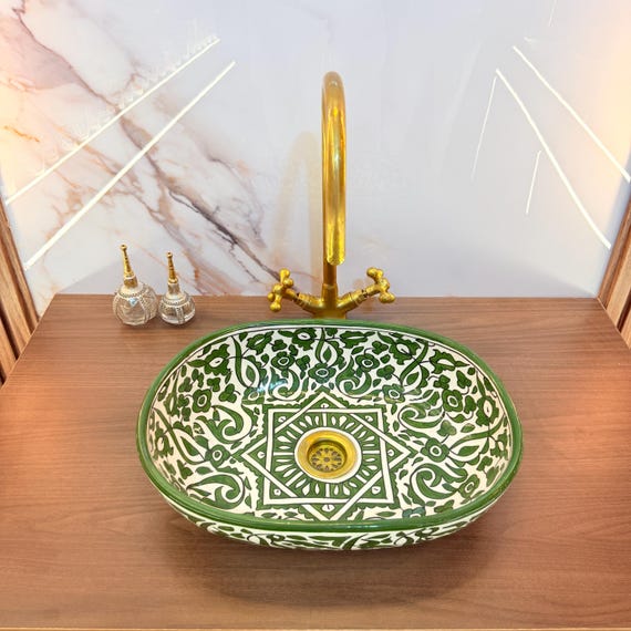 Designer Oval Ceramic Vessel - Hand Painted Moroccan Wash Basin - Unique Green Bathroom Sink