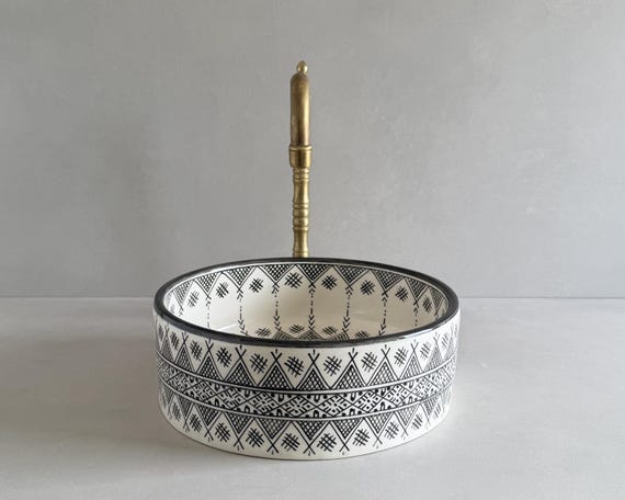 Moroccan Handmade Ceramic Bathroom Sink, Black and White Geometric Bathroom Basin, Berber Pattern decor