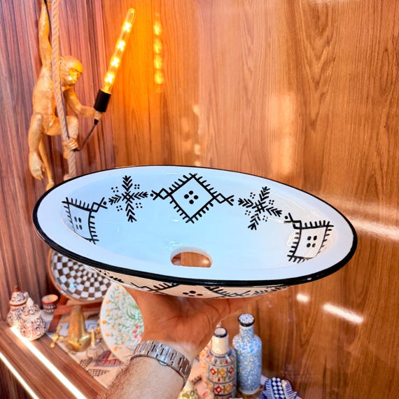 Artisan Black & White Oval Vessel Sink - Moorish Ceramic Lavabo - Unique Hand Painted Bathroom Basin