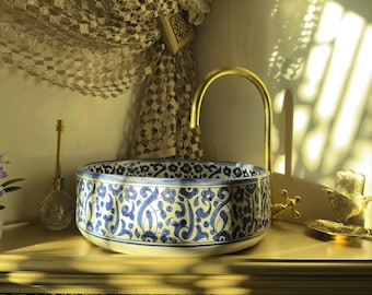 Vessel Sink Vanity, Blue Handmade Moroccan Ceramic Basin for Bathroom + gift