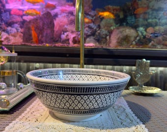 Luxury Moroccan Ceramic Sink, Fish Scale Design, Handcrafted Vessel Basin for Bathroom Décor.