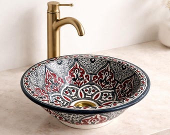 Black Red Patterned Vessel Sink, Hand Painted Moroccan Waschbecken, Geometric Ceramic + Drain Gift