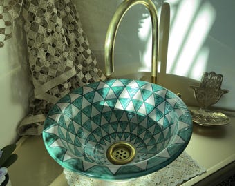 Artisan Bathroom Vanity Bowl with Brass Drain, Moroccan ceramic sink with a green triangle pattern .