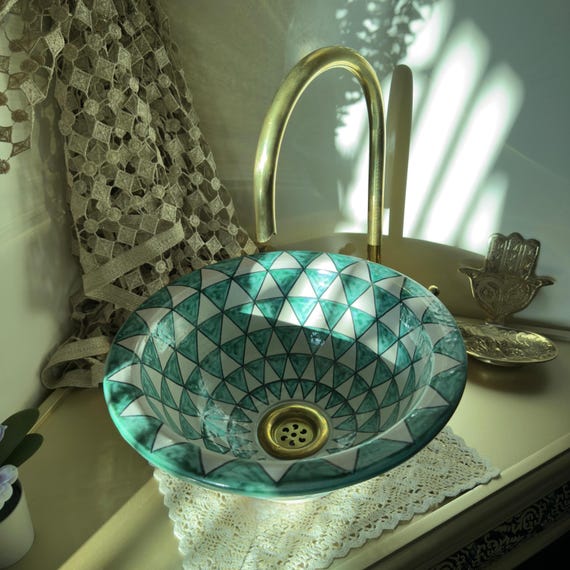 Artisan Bathroom Vanity Bowl with Brass Drain, Moroccan ceramic sink with a green triangle pattern .