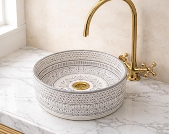 Oval Bathroom Sink , Handmade White Floral Ceramic Waschbecken, Luxury Round Vessel Sink. drain included