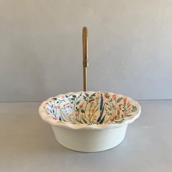 Hand Painted Moroccan Ceramic Sink, Wildflower Meadow Floral Vessel Basin, Scalloped Round Botanical Washbasin