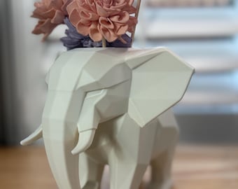 Jarrón de la Sabiduría Elefante Blanco / Arte Geométrico de 23 cm, Decoración Minimalista para el Hogar, Regalo para el Equilibrio Espiritual y la Paz