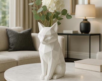 Jarrón geométrico con forma de gato / Decoración para el hogar, la habitación infantil o la oficina (9 pulgadas)