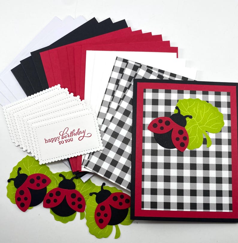 Pode incluir: Uma cole&ccedil;&atilde;o de materiais para cart&otilde;es de anivers&aacute;rio feitos &agrave; m&atilde;o. Inclui cartolina vermelha, preta e branca, papel xadrez e recortes de joaninhas e folhas. O cart&atilde;o apresenta um design de joaninha e as palavras "happy birthday to you".