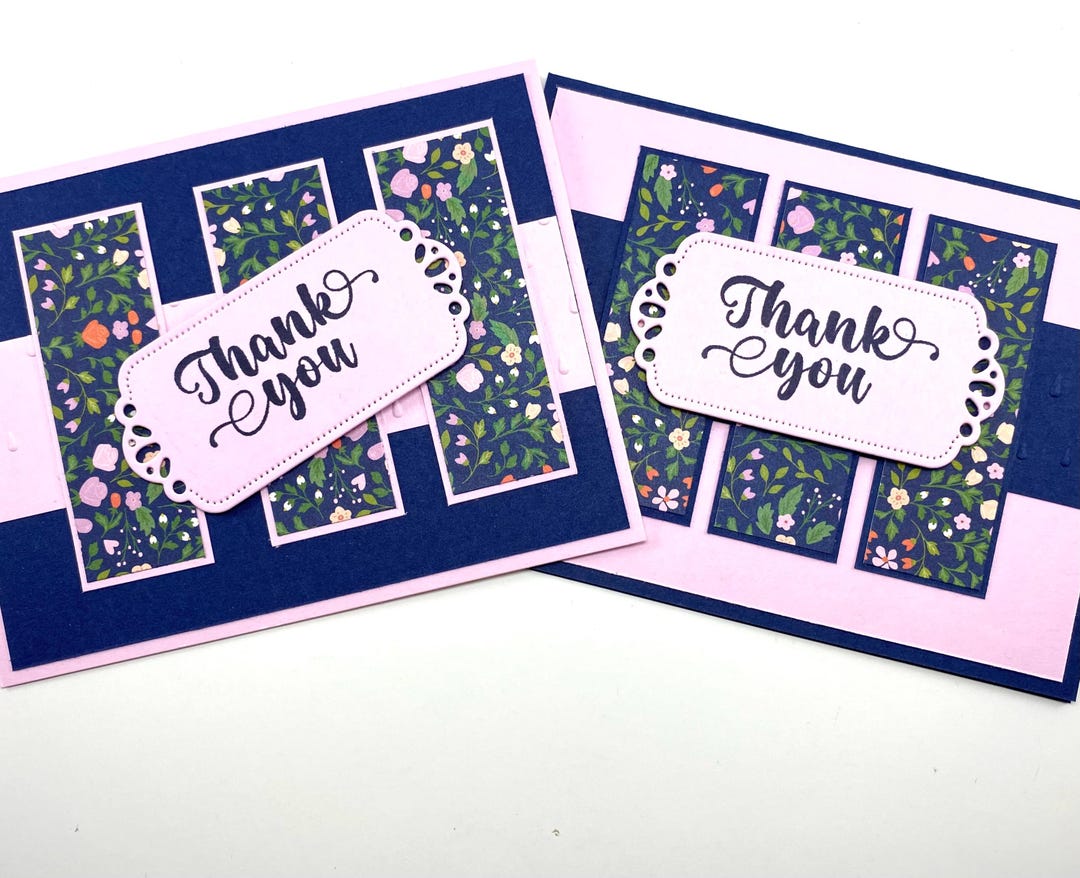 Handmade Floral Thank You Cards - Set of 2, Navy & Pink - Etsy