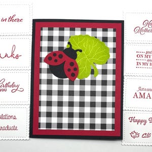 Pode incluir: Um cart&atilde;o de felicita&ccedil;&otilde;es com um fundo xadrez em preto e branco, uma borda vermelha e um desenho de joaninha e folha. O texto no cart&atilde;o diz "Happy Birthday to You". Cart&otilde;es adicionais com texto como "hang in there" e "Happy Mother's Day" tamb&eacute;m s&atilde;o vis&iacute;veis.