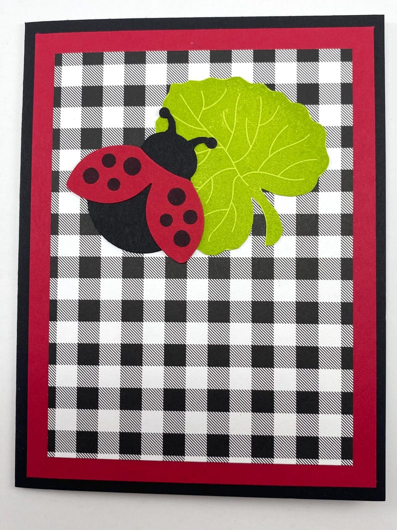 Pode incluir: Cart&atilde;o de felicita&ccedil;&otilde;es feito &agrave; m&atilde;o com uma joaninha vermelha e preta, pontos pretos e uma folha verde. O fundo &eacute; um padr&atilde;o xadrez preto e branco, com bordas vermelhas e pretas.