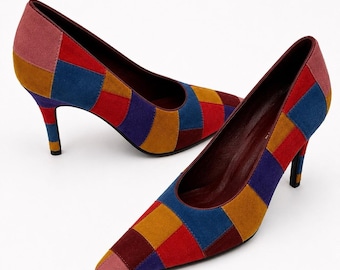 Patchwork Colorblock Suede Square Toe Statement Heels 7 Vintage Funky Art Wear