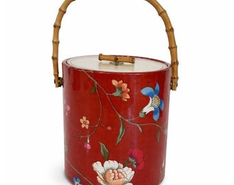 Vintage Vinyl Floral Asian Inspired Ice Bucket Retro MCM Regency Red Bamboo
