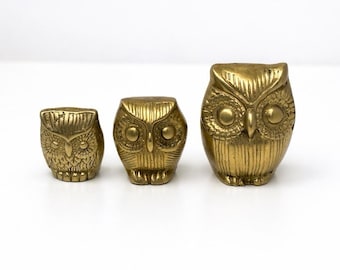Brass Owls Vintage 1970's Set Of 3 Family Mid Century Retro Paperweights Solid