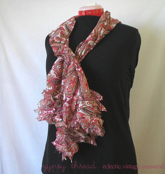 Paisley Chiffon Scarf with Abstract Ruffle in Coral Pink | Etsy