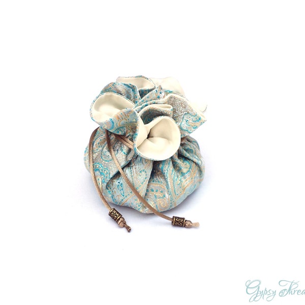 Drawstring Jewelry Pouch, Aqua Paisley Brocade, Teal and Gold, Light Blue, Satin