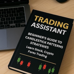 Puede incluir: Un libro negro titulado "TRADING ASSISTANT" con letras blancas y doradas, junto a un portátil y un ratón negro. La portada del libro incluye el texto "BEGINNER'S GUIDE TO CANDLESTICK PATTERNS STRATEGIES" y "Learn Stock, Crypto Forex Trading."