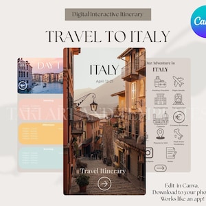 Op de afbeelding: Digitale interactieve reisroute voor een reis naar Italië, met een foto van een straatbeeld. Het ontwerp bevat de tekst "TRAVEL TO ITALY" en "ITALY April 12-21", met planningspictogrammen en een Canva-logo.