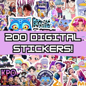 以下が含まれることがあります： さまざまな漫画のキャラクターやイラストが描かれた、200枚のデジタルステッカーのコレクション。ステッカーはさまざまな色とデザインで、「200 DIGITAL STICKERS!」というテキストが太字で表示されています。