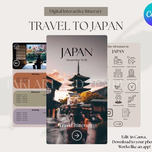 Puede incluir: Itinerario interactivo digital para un viaje a Japón, con una pagoda e iconos de viaje. El itinerario incluye un horario para las actividades de la mañana, la tarde y la noche. El texto dice "TRAVEL TO JAPAN" y "JAPAN November 12-16".
