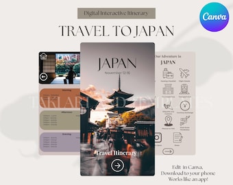 Resplan för Japan – Interaktiv digital planerare – Redigerbar Canva-mall för resplan – Reseguide