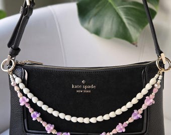 Couronne de fleurs rose argile et mauve, perles pikake, avec perle d'eau douce rose, breloque collier de sac à main