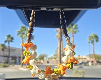 Collier de fleurs en argile pour voiture, puakenikeni orange torsadé, fleurs de pakalana et de pikake, 17 pouces