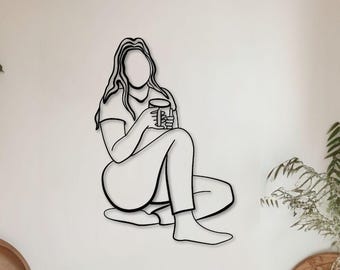 Woman with Coffee Metal Wall Art, Cozy Kitchen Decor, Coffee Lover Gift