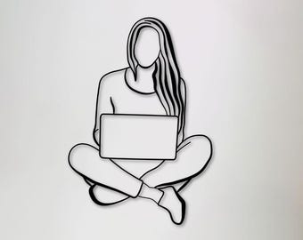 Metal Laptop Lady Sculpture, Office Wall Art, Professional Woman Gift