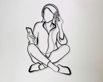 Woman with Headphones Metal Wall Art, Music Lover Gift, Modern Decor