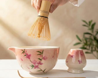 Hand Painted Sakura Matcha Kit, Cherry Blossom Chawan with Spout & Whisk Stand, Japanese Tea Set Gift for Birthday Mother’s Day Housewarming