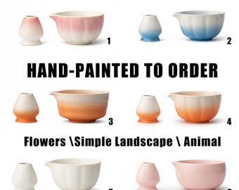 Personalized Hand Painted Matcha Bowl Set 4 Piece Custom Flowers Landscape Animal Gift for Tea Lovers Christmas Housewarming Mothers Day