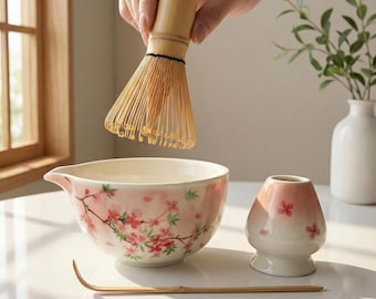 Hand Painted Sakura Matcha Kit, Cherry Blossom Chawan with Spout & Whisk Stand, Japanese Tea Set Gift for Birthday Mother’s Day Housewarming