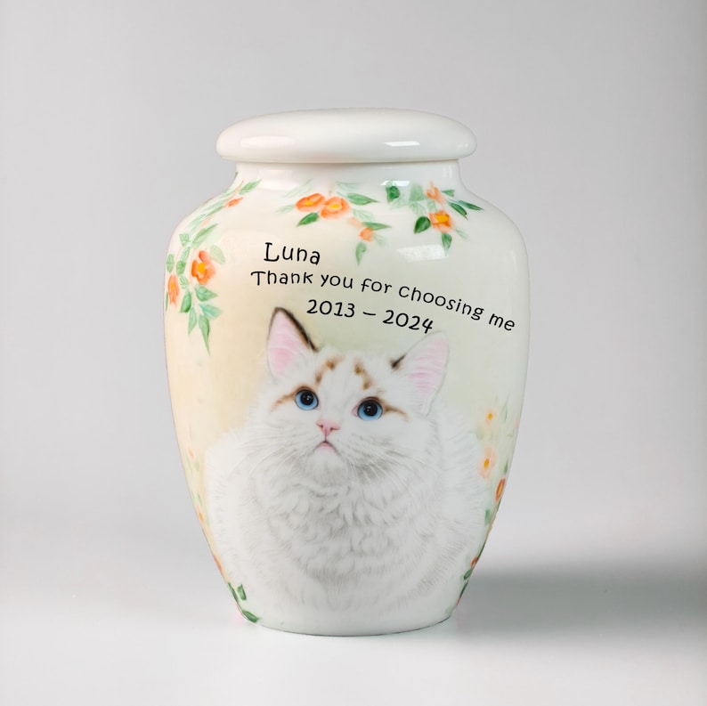 May include: A white ceramic pet urn with a painted portrait of a fluffy cat with blue eyes. The urn is decorated with floral accents and includes the text "Luna, Thank you for choosing me 2013-2024."