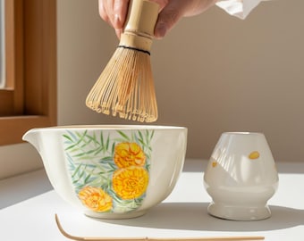 Handgeschilderde oktober geboorte bloem goudsbloem Matcha Bowl aangepaste Chawan set gepersonaliseerde naam cadeau Matcha Kit theeceremonie cadeau voor haar hem